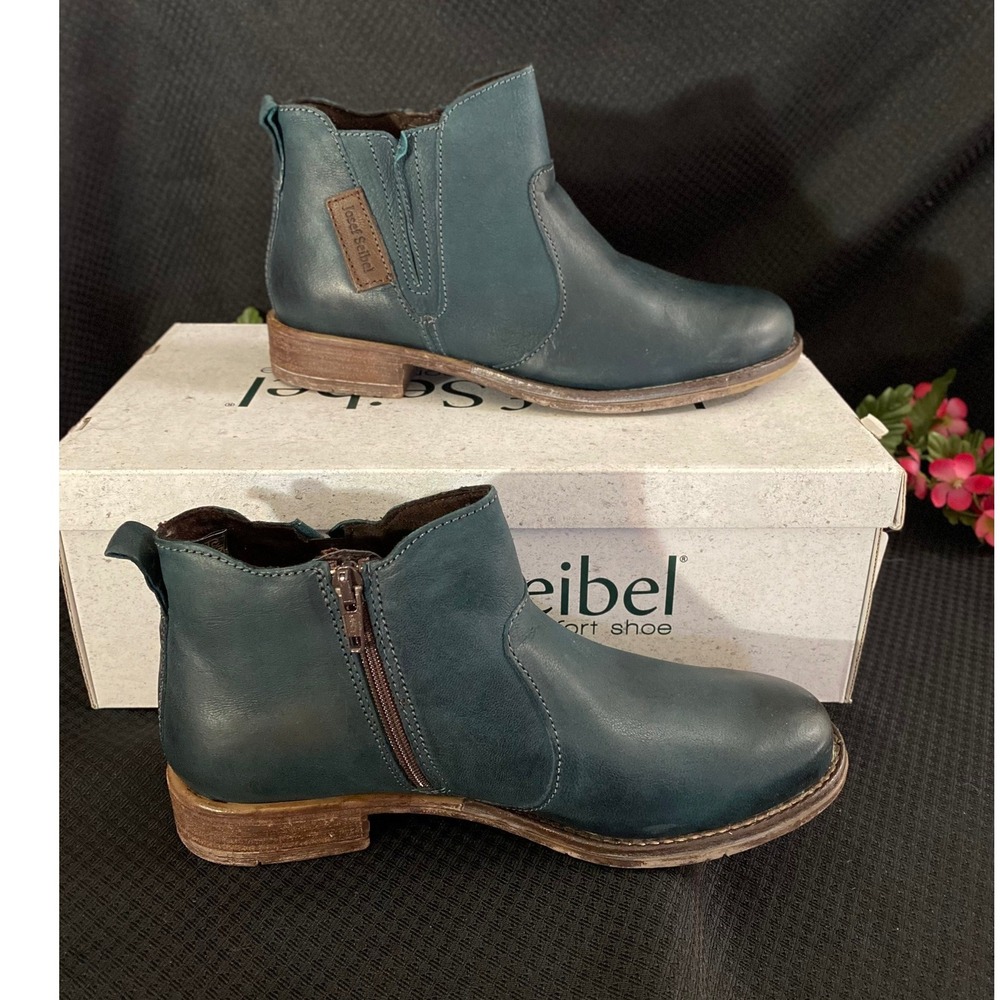 Josef Seibel Sienna 03 Teal Blue Leather Ankle Boots Womens 37 US 6.5